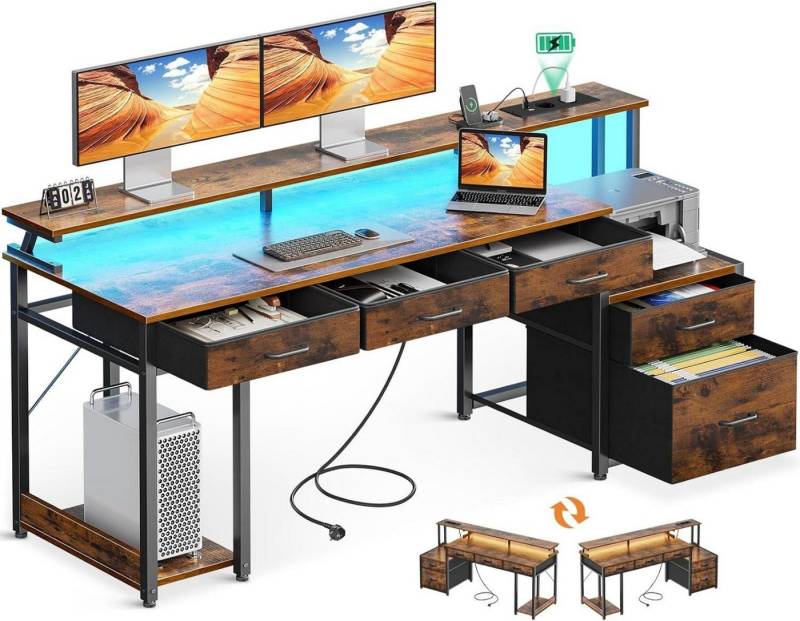 LuxusKollektion Schreibtisch Schreibtisch mit Stoffschubladen, LED-Leuchten, Steckdose, 160x48cm von LuxusKollektion