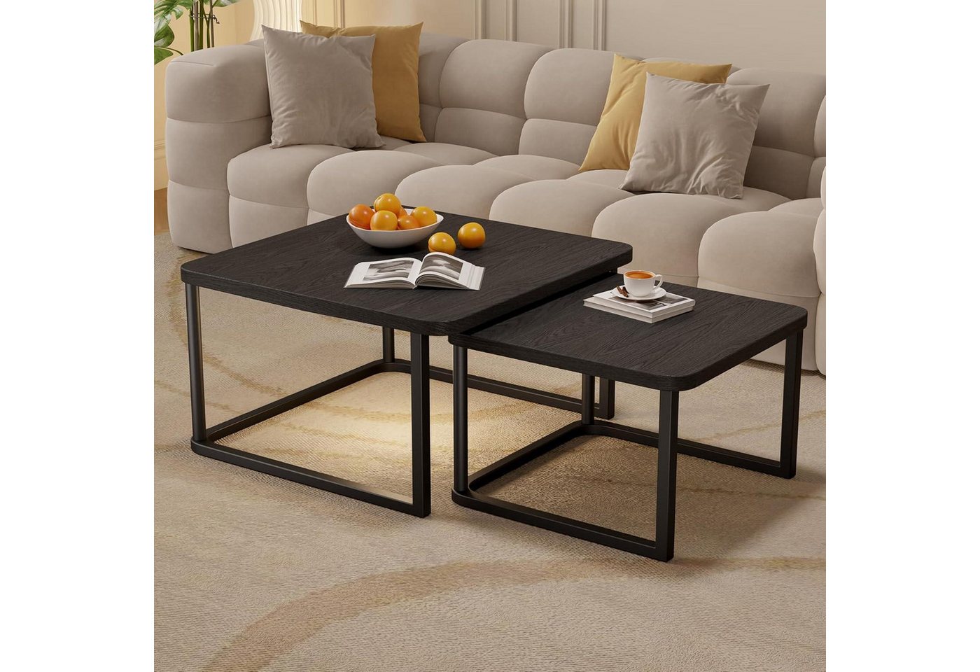 LuxusKollektion Stuhl Couchtisch Satztisch 2er Set Holz Metallrahmen Schwarz-quadratisch von LuxusKollektion