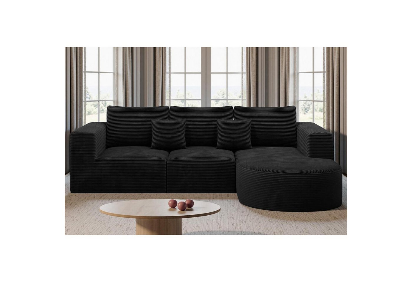 LuxusKollektion Stuhl Ecksofa Schlaffunktion L Form Cordstoff 3 Rechts-Chaiselongue Schwarz von LuxusKollektion