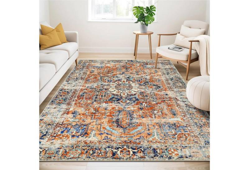 WONGS BEDDING Teppich Boho Teppich Orange Kurzflor Vintage Design Waschbar 200 x 300 cm von WONGS BEDDING