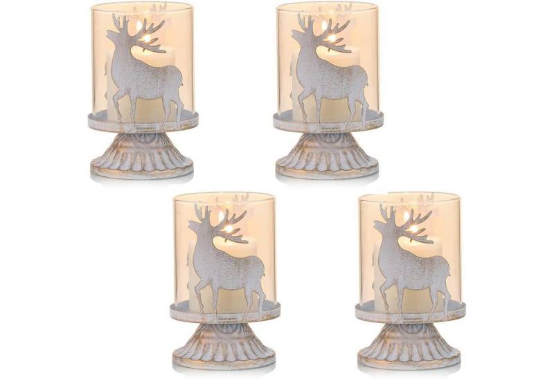 LuxusKollektion Tischkerzenhalter Kerzenleuchter Windlichthalter Metall Stumpenkerzen Weiß Hirsch × 4 von LuxusKollektion