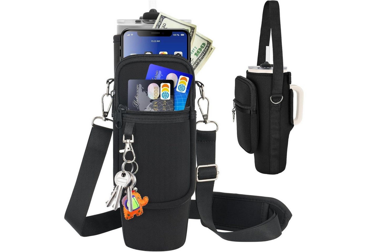 LuxusKollektion Tumbler-Glas Tasche 40oz Wasserflasche Handyfach Schultergurt Wandern Schwarz von LuxusKollektion