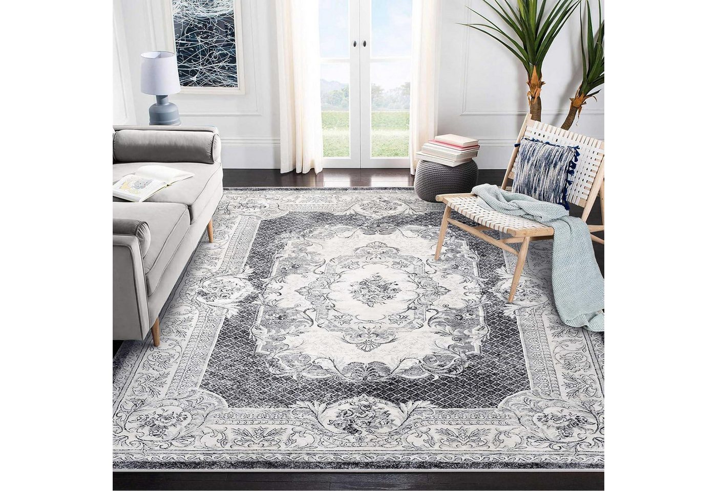 LuxusKollektion Veloursteppich Teppich Kurzflor rutschfest Grauweiß 160 x 200 cm (Rechteckig) von LuxusKollektion