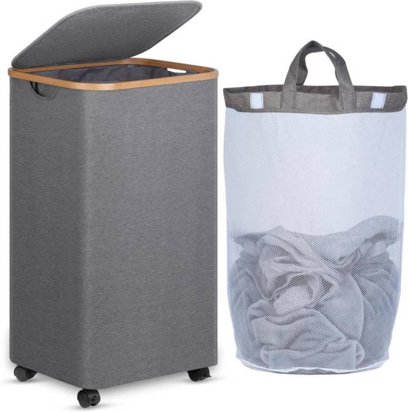 LuxusKollektion Wäschekorb Wäschekorb XL mit Rollen und Deckel, 100L, Grau Bambus Waschkorb von LuxusKollektion