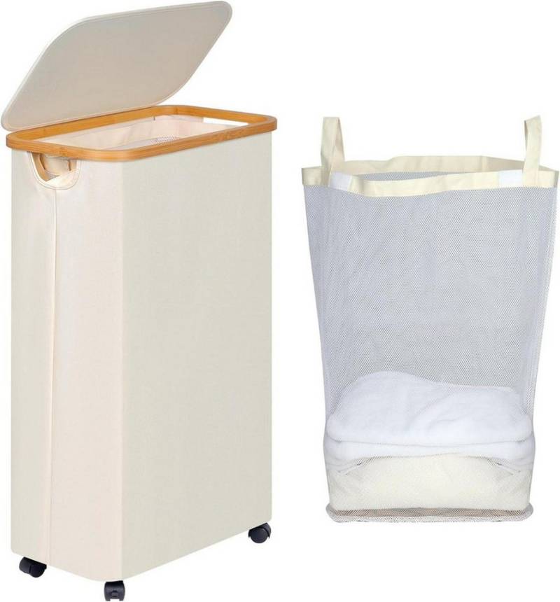 LuxusKollektion Wäschekorb Wäschekorb mit Rollen 75L Faltbar Deckel Beige Bambusgriff abnehmbarer von LuxusKollektion