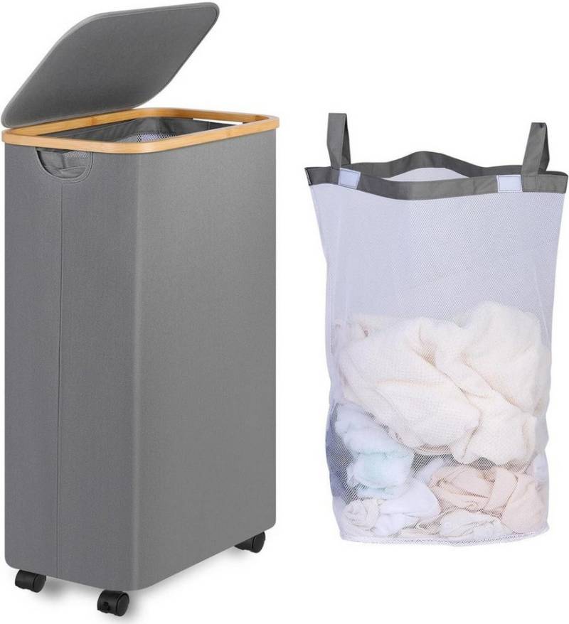LuxusKollektion Wäschekorb Wäschekorb mit Rollen 75L Schmal Herausnehmbarer Innentasche Grau von LuxusKollektion