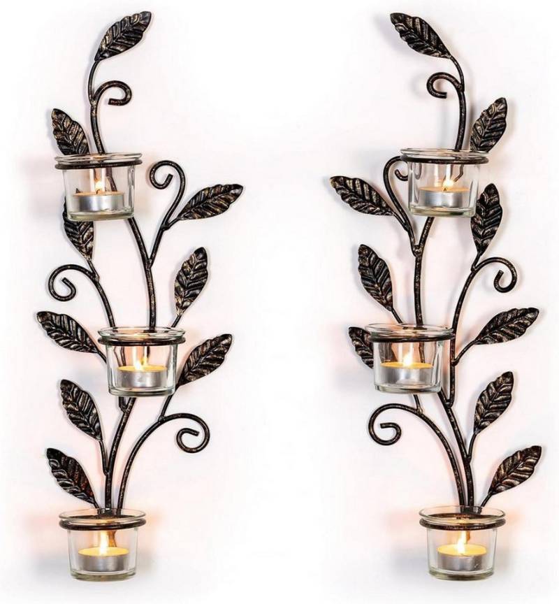 LuxusKollektion Wandkerzenhalter Kerzenhalter Wand Schwarz Vintage Blatt Teelicht Glas Set von LuxusKollektion