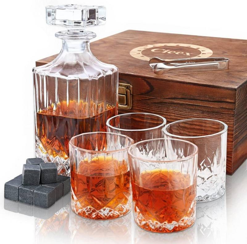 LuxusKollektion Whiskyglas Whiskey Karaffe Set 750ml mit 4 Whiskeygläsern 12 Steine in Holzkiste von LuxusKollektion