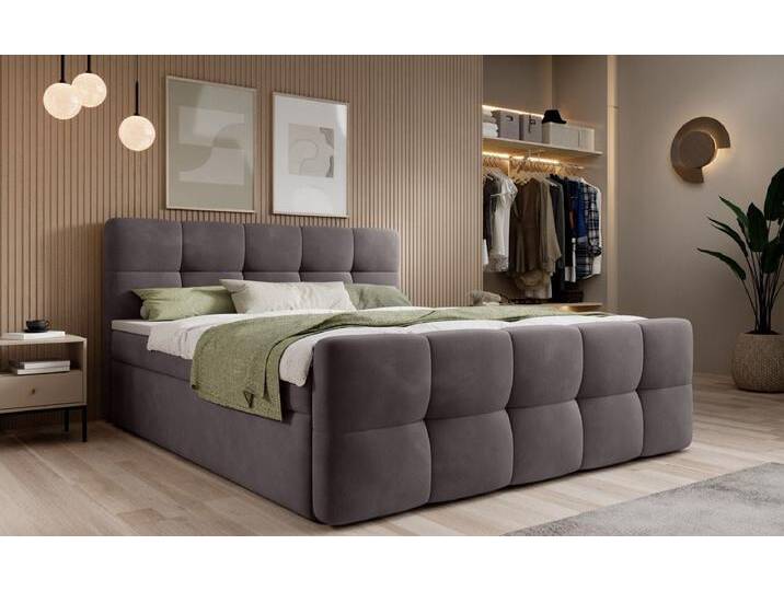 Boxspringbett Cozy Samt mit Stauraum - 90x200 - Grau - inklusive PU Schaum - Topper - Luxusbetten24 von Luxusbetten24