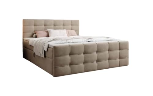 Boxspringbett Luxor Samt 160x200 Doppelbett Polsterbett Bett mit Stauraum | Bezug: Samt | Farbe: Beige | Härtegrad: H4 (100kg+) von Luxusbetten24