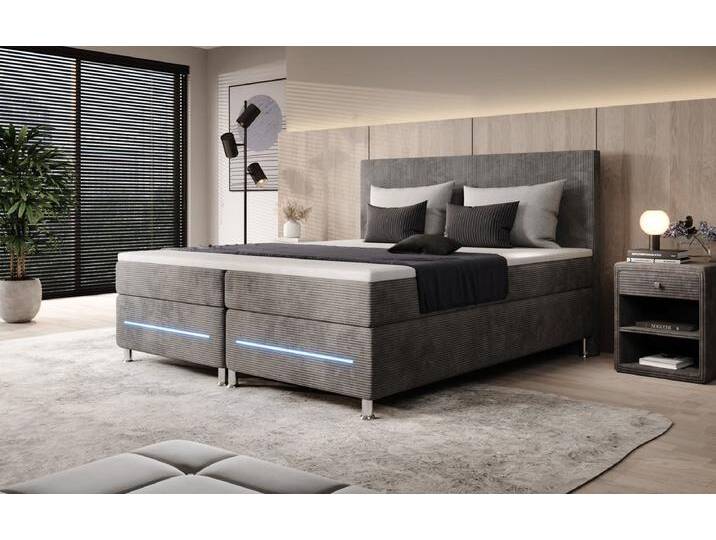 Boxspringbett Simple mit LED in Cord - 200x200 - Schwarz - H4 (100kg+) - Luxusbetten24 von Luxusbetten24