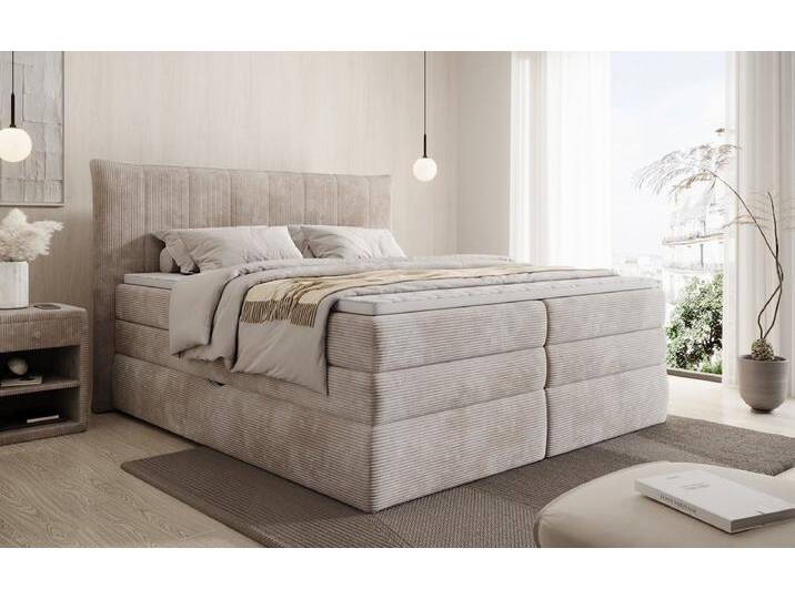 Boxspringbett Stella mit Stauraum in Cord - 160x200 - Hellgrau - H3 (70-100kg) - Luxusbetten24 von Luxusbetten24
