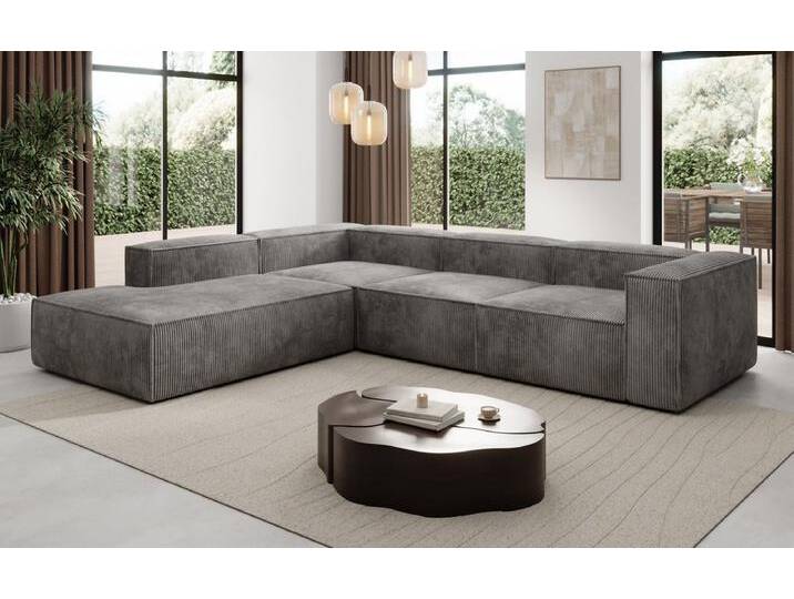 Designer Sofa Lesley L mit langer Ottomane in Cord - Grau - Links - Cord - Luxusbetten24 von Luxusbetten24