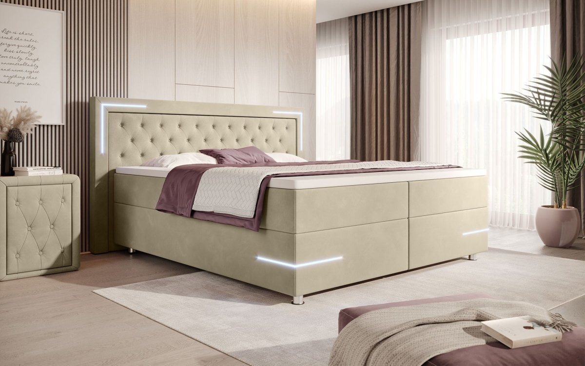 Luxusbetten24 Boxspringbett Carlotta, mit LED, Stauraum, USB-Anschluss und Samtbezug von Luxusbetten24