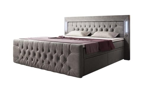 Luxusbetten24 Boxspringbett Charme 180x200 Doppelbett Polsterbett Bett mit LED-Beleuchtung, USB-Anschluss und Stauraum | Bezug: Samt | Farbe: Grau | Härtegrad: H4 (100kg+) von Luxusbetten24