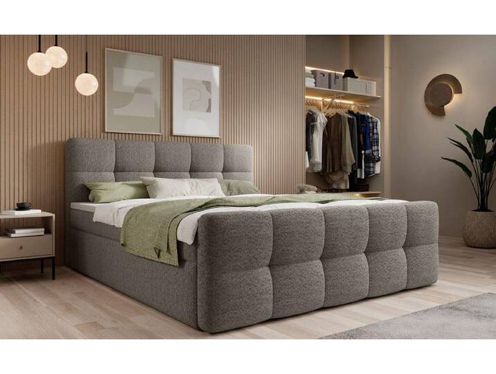 Luxusbetten24 Boxspringbett Cozy Bouclé, inklusive PU-Schaum Topper, grau, mit Topper, Grau von Luxusbetten24