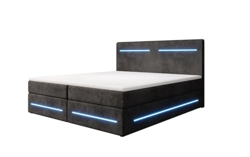 Luxusbetten24 Boxspringbett Lara 140x200 mit Stauraum und LED-Beleuchtung | Bezug: Cord | Farbe: Schwarz | Härtegrad: H3 (70-100kg) von Luxusbetten24