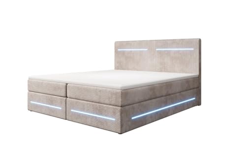 Luxusbetten24 Boxspringbett Lara 160x200 mit Stauraum und LED-Beleuchtung | Bezug: Cord | Farbe: Beige | Härtegrad: H4 (100kg+) von Luxusbetten24