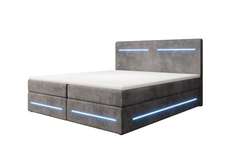 Luxusbetten24 Boxspringbett Lara 160x200 mit Stauraum und LED-Beleuchtung | Bezug: Cord | Farbe: Hellgrau | Härtegrad: H4 (100kg+) von Luxusbetten24