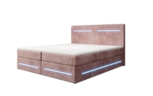 Luxusbetten24 Boxspringbett Lara 180x200 mit Stauraum und LED-Beleuchtung | Bezug: Cord | Farbe: Rosé | Härtegrad: H4 (100kg+) von Luxusbetten24