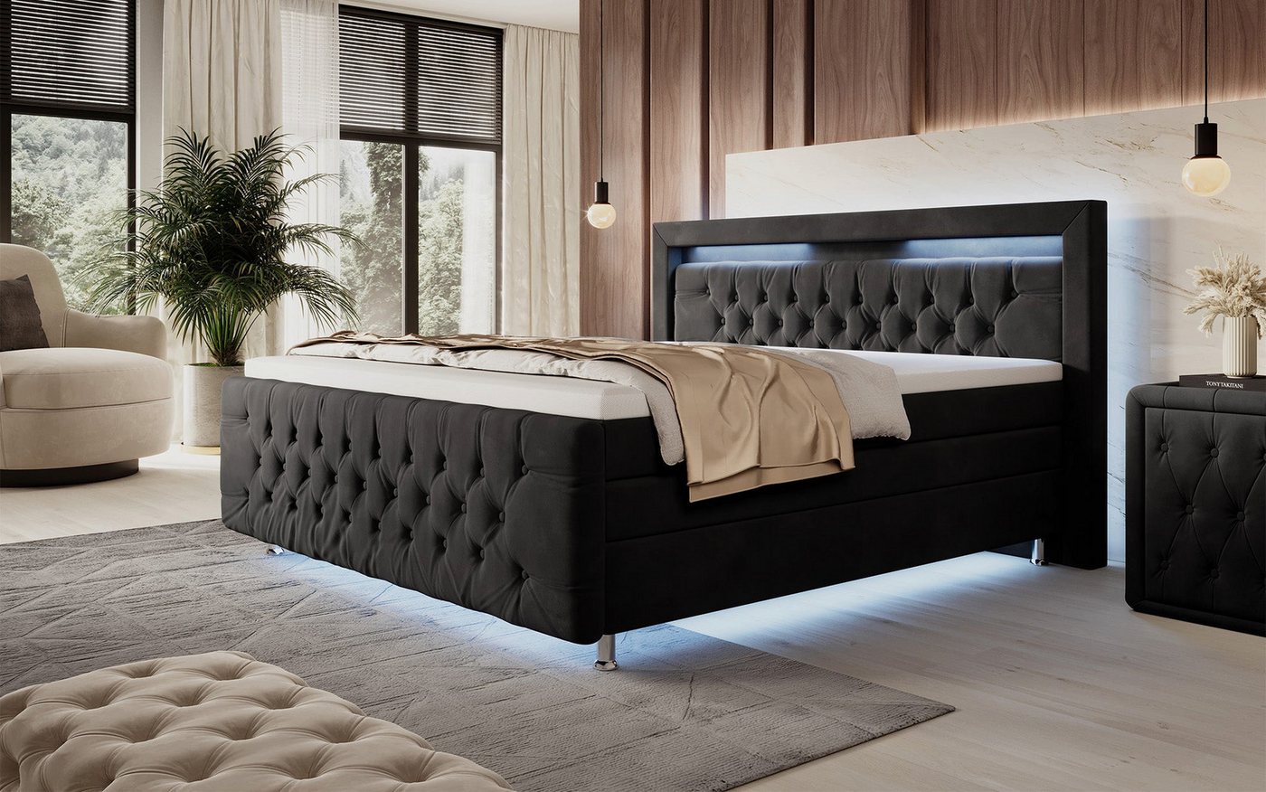 Luxusbetten24 Boxspringbett Lorena, mit LED-Beleuchtung und Stauraum von Luxusbetten24