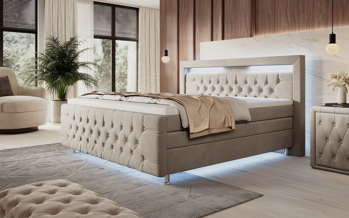 Luxusbetten24 Boxspringbett Lorena, mit LED-Beleuchtung und Stauraum von Luxusbetten24