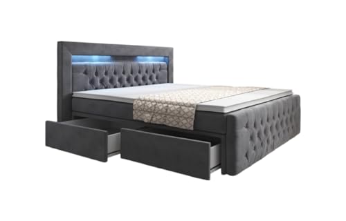 Luxusbetten24 Boxspringbett Menzogna 180x200 Doppelbett Polsterbett Bett mit LED-Beleuchtung und Stauraum | Bezug: Samt | Farbe: Grau | Härtegrad: H4 (100kg+) von Luxusbetten24