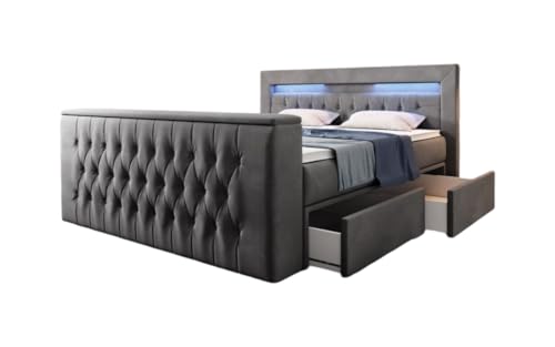 Luxusbetten24 Boxspringbett Menzogna 180x200 Doppelbett Polsterbett Bett mit TV Lift, USB und Stauraum (2 Schubladen) | Bezug: Samt | Farbe: Grau | Härtegrad: H4 (100kg+) von Luxusbetten24