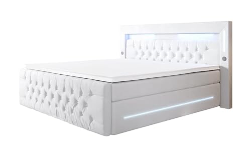 Luxusbetten24 Boxspringbett Moonlight 180x200 Doppelbett Polsterbett Bett mit LED-Beleuchtung, USB-Anschluss und Stauraum | Bezug: Samt | Farbe: Weiß | Härtegrad: H4 (100kg+) von Luxusbetten24