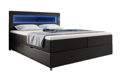 Luxusbetten24 Boxspringbett Relax 180x200 mit LED, Stauraum und USB-C | Bezug: Kunstleder | Farbe: Schwarz | Härtegrad: H3 (70-100kg) von Luxusbetten24