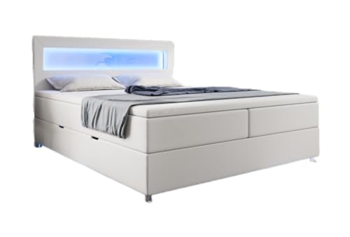Luxusbetten24 Boxspringbett Relax 180x200 mit LED, Stauraum und USB-C | Bezug: Kunstleder | Farbe: Weiß | Härtegrad: H4 (100kg+) von Luxusbetten24