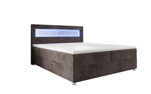 Luxusbetten24 Boxspringbett Relax in Cord 140x200 mit LED-Beleuchtung, Stauraum und USB-Anschluss | Bezug: Cord | Farbe: Braun | Härtegrad: H3 (70-100kg) von Luxusbetten24