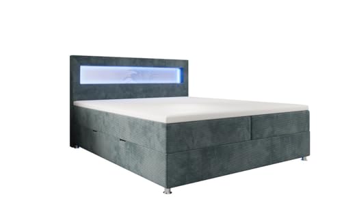 Luxusbetten24 Boxspringbett Relax in Cord 180x200 mit LED-Beleuchtung, Stauraum und USB-Anschluss | Bezug: Cord | Farbe: Vintage Blau | Härtegrad: H4 (100kg+) von Luxusbetten24