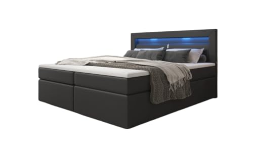 Luxusbetten24 Boxspringbett Repos 160x200 Doppelbett Polsterbett Bett mit LED-Beleuchtung und USB-Anschluss | Bezug: Kunstleder | Farbe: Schwarz | Härtegrad: H4 (100kg+) von Luxusbetten24