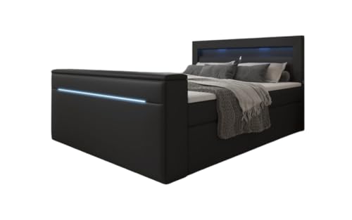 Luxusbetten24 Boxspringbett Repos 160x200 Doppelbett Polsterbett Bett mit TV Lift, USB und LED | Bezug: Kunstleder | Farbe: Schwarz | Härtegrad: H4 (100kg+) von Luxusbetten24