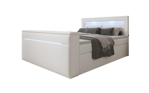 Boxspringbett Repos 160x200 Doppelbett Polsterbett Bett mit TV Lift, USB und LED | Bezug: Kunstleder | Farbe: Weiß | Härtegrad: H3 (70-100kg) von Luxusbetten24