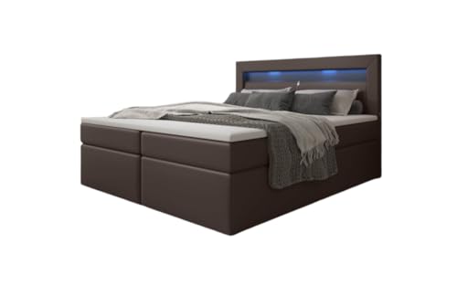 Luxusbetten24 Boxspringbett Repos 160x200 Doppelbett Polsterbett Bett mit LED-Beleuchtung und USB-Anschluss | Bezug: Kunstleder | Farbe: Braun | Härtegrad: H3 (70-100kg) von Luxusbetten24