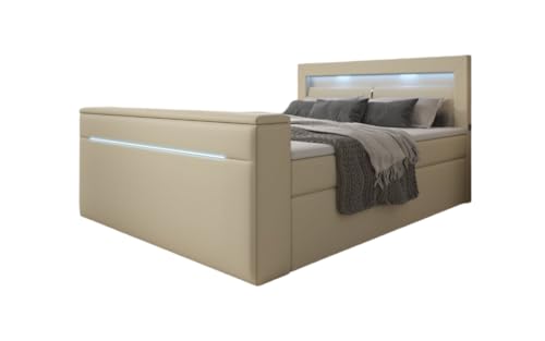 Luxusbetten24 Boxspringbett Reposito 180x200 Doppelbett Polsterbett Bett mit TV Lift, USB, LED und Stauraum | Bezug: Kunstleder | Farbe: Beige | Härtegrad: H4 (100kg+) von Luxusbetten24