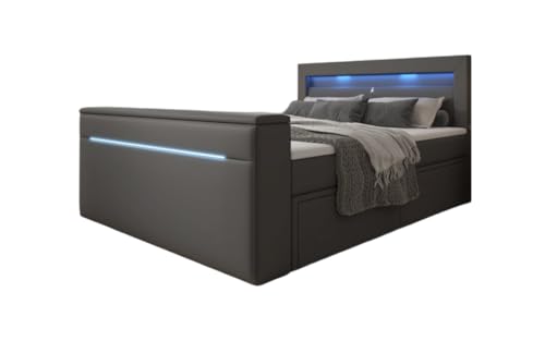 Luxusbetten24 Boxspringbett Rinori 180x200 Doppelbett Polsterbett Bett mit TV Lift, USB, LED und Stauraum | Bezug: Kunstleder | Farbe: Grau | Härtegrad: H3 (70-100kg) von Luxusbetten24