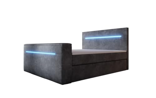 Luxusbetten24 Boxspringbett Sejour 140x200 mit TV-Lift, RGB-Beleuchtung und Stauraum | Bezug: Cord | Farbe: Hellgrau | Härtegrad: H2 (bis 70kg) von Luxusbetten24