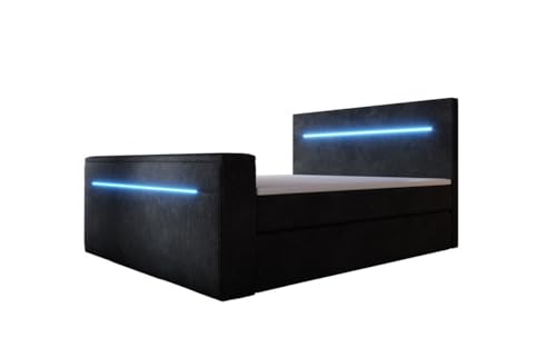 Luxusbetten24 Boxspringbett Sejour 140x200 mit TV-Lift, RGB-Beleuchtung und Stauraum | Bezug: Cord | Farbe: Schwarz | Härtegrad: H3 (70-100kg) von Luxusbetten24