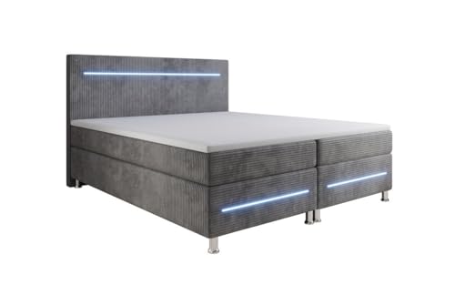 Luxusbetten24 Boxspringbett Sejour 160x200 in Cord mit LED-Beleuchtung | Bezug: Cord | Farbe: Hellgrau | Härtegrad: H2 (bis 70kg) von Luxusbetten24