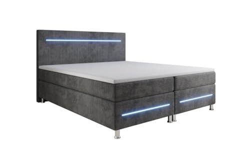 Luxusbetten24 Boxspringbett Sejour 180x200 in Cord mit LED-Beleuchtung | Bezug: Cord | Farbe: Grau | Härtegrad: H2 (bis 70kg) von Luxusbetten24