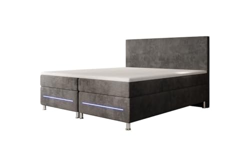 Luxusbetten24 Boxspringbett Simple 140x200 mit LED-Beleuchtung und Cord-Bezug | Bezug: Cord | Farbe: Grau | Härtegrad: H4 (100kg+) von Luxusbetten24