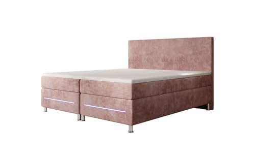 Luxusbetten24 Boxspringbett Simple 140x200 mit LED-Beleuchtung und Cord-Bezug | Bezug: Cord | Farbe: Rosé | Härtegrad: H4 (100kg+) von Luxusbetten24
