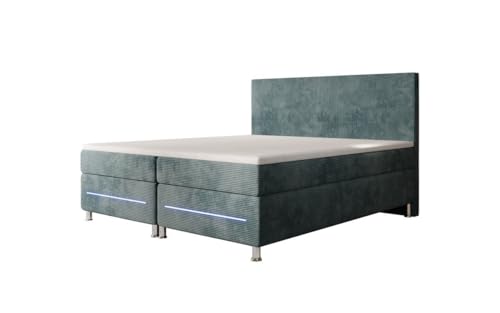 Luxusbetten24 Boxspringbett Simple 140x200 mit LED-Beleuchtung und Cord-Bezug | Bezug: Cord | Farbe: Vintage Blau | Härtegrad: H4 (100kg+) von Luxusbetten24