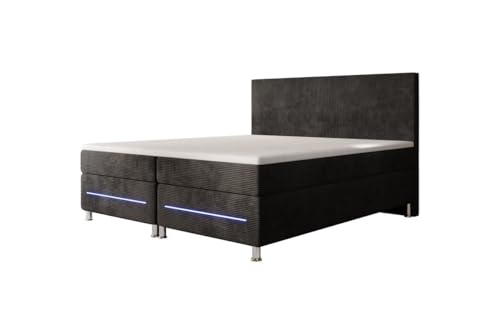 Luxusbetten24 Boxspringbett Simple 180x200 mit LED-Beleuchtung und Cord-Bezug | Bezug: Cord | Farbe: Schwarz | Härtegrad: H4 (100kg+) von Luxusbetten24