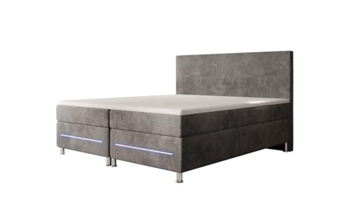 Luxusbetten24 Boxspringbett Simple 200x200 mit LED-Beleuchtung und Cord-Bezug | Bezug: Cord | Farbe: Hellgrau | Härtegrad: H4 (100kg+) von Luxusbetten24