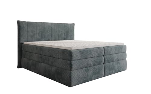 Luxusbetten24 Boxspringbett Stella in Cord 140x200 mit Stauraum | Bezug: Cord | Farbe: Vintage Blau | Härtegrad: H4 (100kg+) von Luxusbetten24