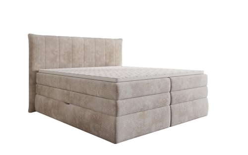 Luxusbetten24 Boxspringbett Stella in Cord 180x200 mit Stauraum | Bezug: Cord | Farbe: Beige | Härtegrad: H4 (100kg+) von Luxusbetten24